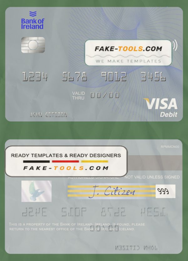 Ireland Bank of Ireland visa card template in PSD format, fully editable scan effect