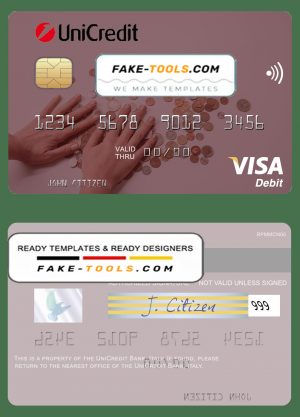 Italy UniCredit Bank visa card fully editable template in PSD format Italy UniCredit Bank visa card fully editable template in PSD format