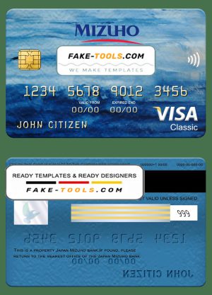 Japan Mizuho bank visa classic card, fully editable template in PSD format