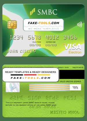 Japan Sumitomo Mitsui Banking Corporation (SMBC) bank visa electron card, fully editable template in PSD format
