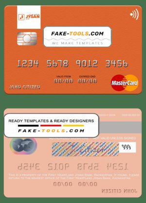 Kazakhstan First Heartland Jýsan Bank mastercard fully editable template in PSD format Kazakhstan First Heartland Jýsan Bank mastercard fully editable template in PSD format