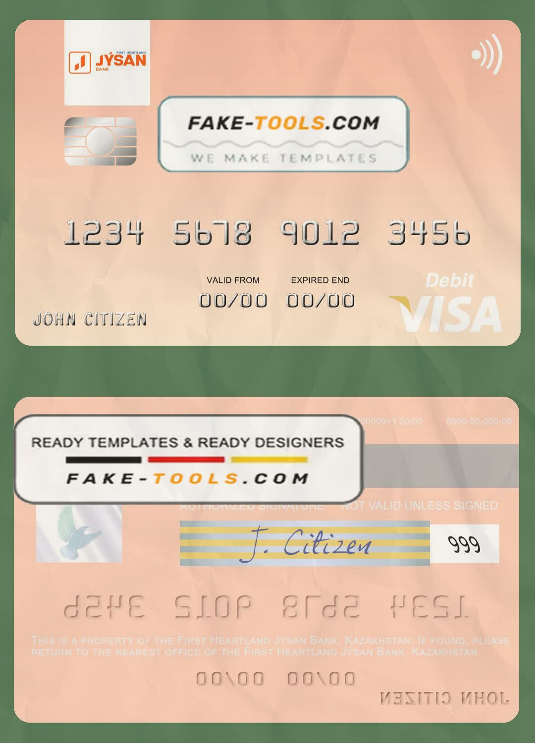 Kazakhstan First Heartland Jýsan Bank visa card fully editable template in PSD format Kazakhstan First Heartland Jýsan Bank visa card fully editable template in PSD format