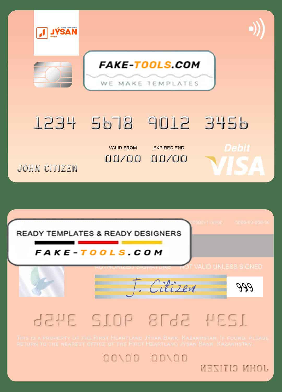 Kazakhstan First Heartland Jýsan Bank visa card fully editable template in PSD format Kazakhstan First Heartland Jýsan Bank visa card fully editable template in PSD format