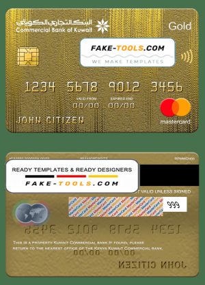 Kuwait Commercial bank mastercard gold, fully editable template in PSD format