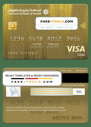 Kuwait Commercial bank visa gold card, fully editable template in PSD format