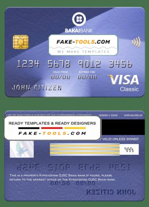 Kyrgyzstan OJSC Bakai bank visa classic card, fully editable template in PSD format