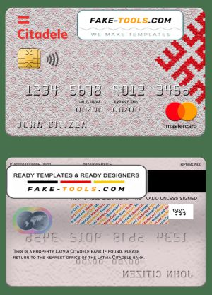 Latvia Citadele bank mastercard, fully editable template in PSD format