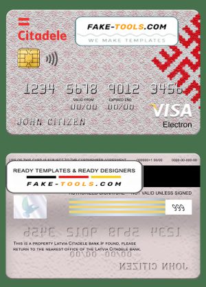 Latvia Citadele bank visa electron card, fully editable template in PSD format