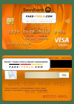 Latvia Swedbank visa electron card, fully editable template in PSD format