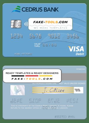Lebanon Cedrus Bank visa card fully editable template in PSD format