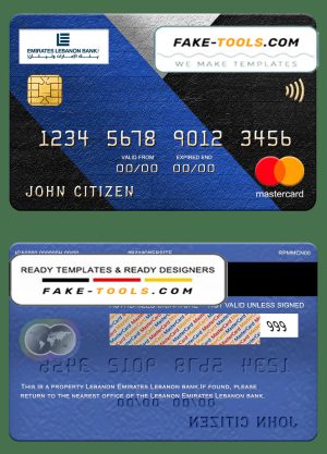 Lebanon Emirates Lebanon bank mastercard, fully editable template in PSD format