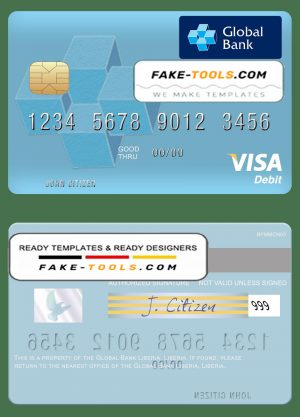 Liberia Global Bank visa card fully editable template in PSD format Liberia Global Bank visa card fully editable template in PSD format