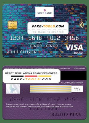 Liechtenstein Neue bank visa classic card, fully editable template in PSD format