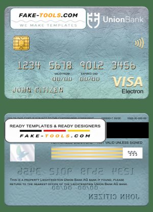Liechtenstein Union bank visa electron card, fully editable template in PSD format