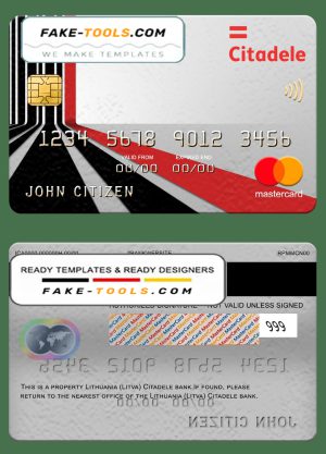Lithuania (Litva) Citadele bank mastercard, fully editable template in PSD format