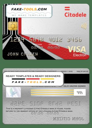 Lithuania (Litva) Citadele bank visa electron card, fully editable template in PSD format