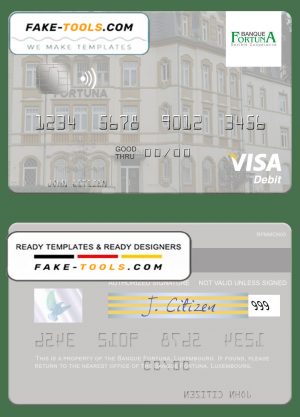Luxembourg Banque Fortuna visa credit card template in PSD format Luxembourg Banque Fortuna visa credit card template in PSD format