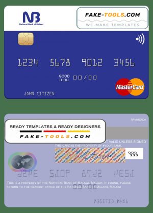 Malawi National Bank mastercard credit card template in PSD format