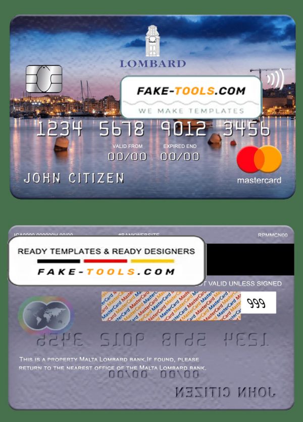 Malta Lombard bank mastercard, fully editable template in PSD format