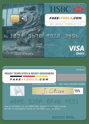 Mauritius HSBC bank visa debit credit card template in PSD format, fully editable