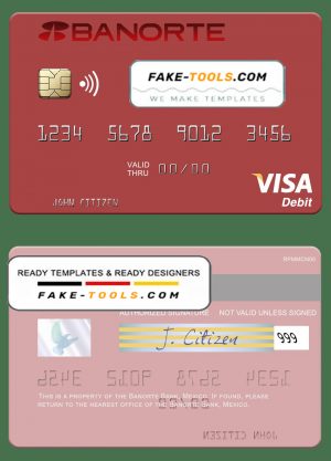 Mexico Banorte Bank visa debit card template in Word and PDF format