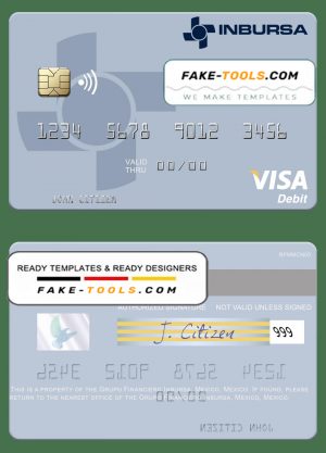 Mexico Grupo Financiero Inbursa visa debit credit card template in PSD format