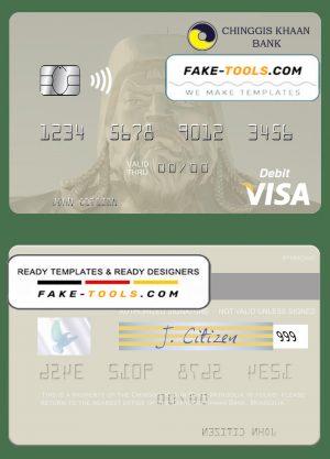 Mongolia Chinggis Khaan bank visa debit card, fully editable template in PSD format Mongolia Chinggis Khaan bank visa debit card, fully editable template in PSD format