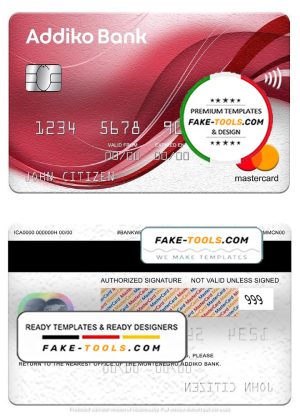 Montenegro Addiko bank mastercard, fully editable template in PSD format