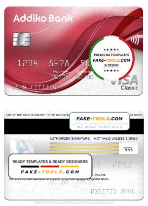 Montenegro Addiko bank visa classic card, fully editable template in PSD format