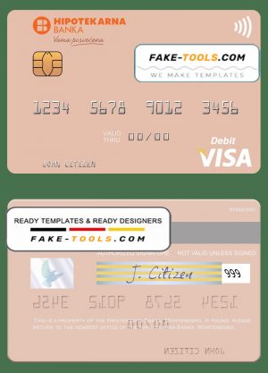 Montenegro Hipotekarna bank visa debit card, fully editable template in PSD format