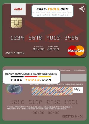 Mozambique Banco Moza mastercard, fully editable template in PSD format
