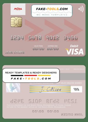 Mozambique Banco Moza visa debit card, fully editable template in PSD format