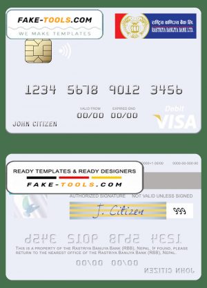 Nepal Rastriya Banijya Bank (RBB) visa debit card, fully editable template in PSD format