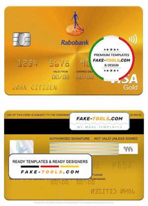 Netherlands Rabobank visa gold card, fully editable template in PSD format