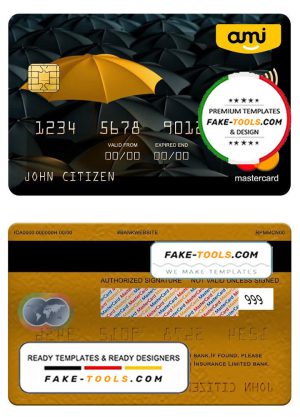 New Zealand Ami Insurance Limited bank mastercard, fully editable template in PSD format