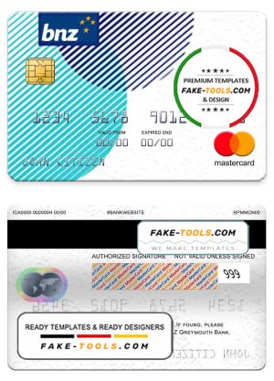 New Zealand BNZ Greymouth bank mastercard, fully editable template in PSD format