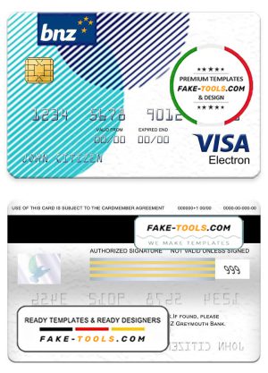 New Zealand BNZ Greymouth bank visa electron card, fully editable template in PSD format