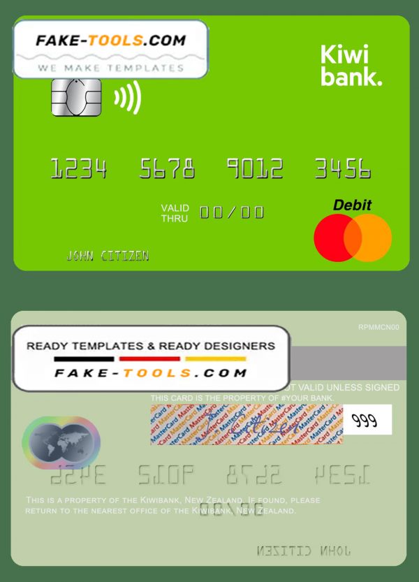 New Zealand Kiwibank mastercard credit card template in PSD format