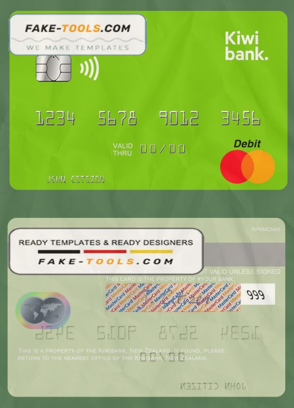 New Zealand Kiwibank mastercard credit card template in PSD format scan effect