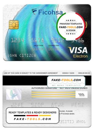 Nicaragua Banco Ficohsa bank visa electron card, fully editable template in PSD format
