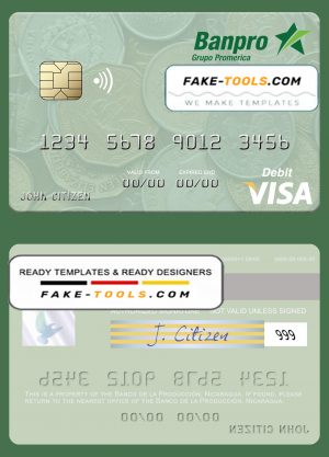 Nicaragua Banco de la Producción visa debit card template in PSD format