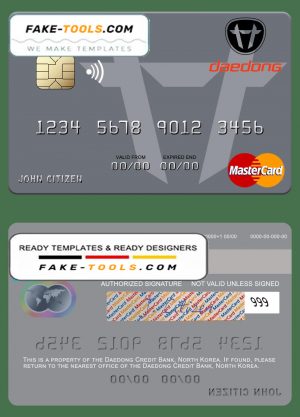 North Korea Daedong Credit Bank mastercard, fully editable template in PSD format
