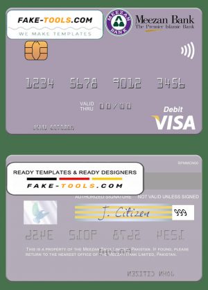Pakistan Meezan Bank Limited visa debit card, fully editable template in PSD format