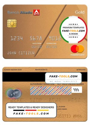 Panama Banco Aliado bank mastercard gold, fully editable template in PSD format