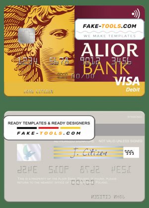 Poland Alior Bank visa debit card, fully editable template in PSD format