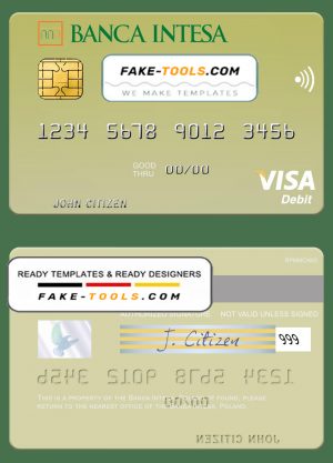 Poland Banca Intesa visa debit card, fully editable template in PSD format