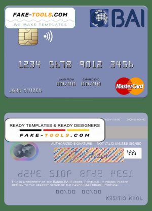 Portugal Banco BAI Europa mastercard, fully editable template in PSD format
