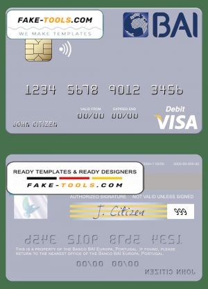 Portugal Banco BAI Europa visa debit card, fully editable template in PSD format
