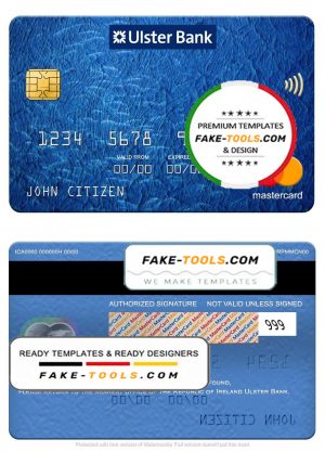 Republic of Ireland Ulster Bank mastercard, fully editable template in PSD format
