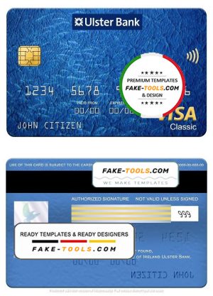 Republic of Ireland Ulster Bank visa classic card, fully editable template in PSD format